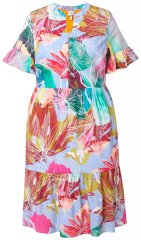 Ulla Popken 836746 Sukienka midi w kwiaty z falbanami Jasnoniebieska