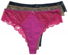 Ulla Popken 848522 Stringi z koronką 3 szt. Ciemnofioletowa