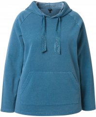 Ulla Popken Rhinestone Drawstring Moon Wash Hoodie Teal