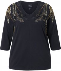 Ulla Popken Feather Beadwork 3/4 Sleeve Top Black