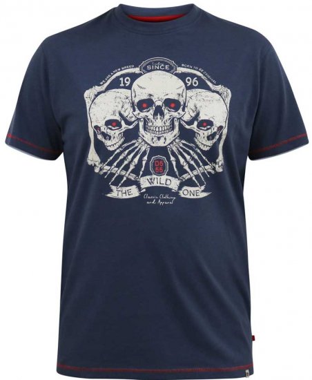 D555 COOK Trio Of Skulls Printed Crew Neck T-Shirt Slate Blue - Koszulki - T-shirty meskie Duże Rozmiary - 2XL-14XL