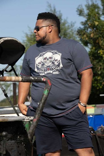 D555 COOK Trio Of Skulls Printed Crew Neck T-Shirt Slate Blue - Koszulki - T-shirty meskie Duże Rozmiary - 2XL-14XL