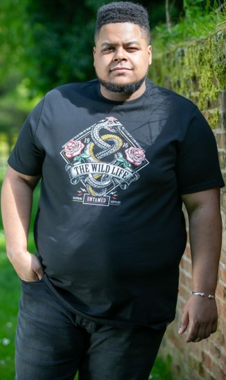 D555 MALCOM Snake And Roses Printed Crew Neck T-Shirt Black - Koszulki - T-shirty meskie Duże Rozmiary - 2XL-14XL