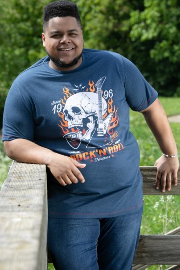 D555 NEAL Skull With Flames Printed Crew Neck T-Shirt Navy/Blue Twist - Koszulki - T-shirty meskie Duże Rozmiary - 2XL-14XL