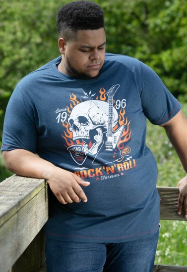 D555 NEAL Skull With Flames Printed Crew Neck T-Shirt Navy/Blue Twist - Koszulki - T-shirty meskie Duże Rozmiary - 2XL-14XL