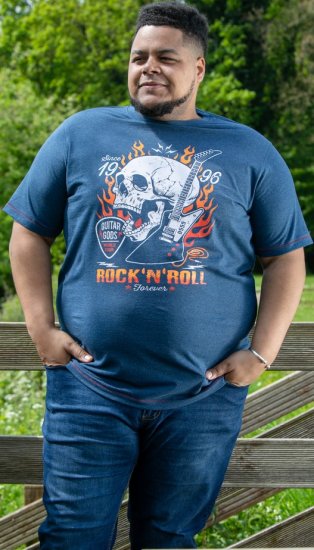 D555 NEAL Skull With Flames Printed Crew Neck T-Shirt Navy/Blue Twist - Koszulki - T-shirty meskie Duże Rozmiary - 2XL-14XL