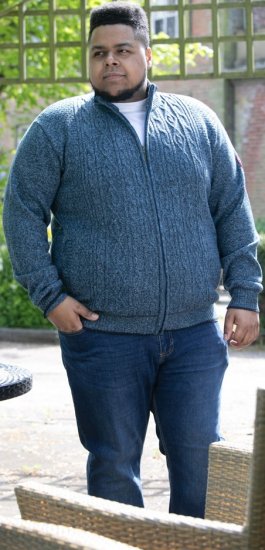 D555 ECCLES Cable Knitted Zip Through Sweater With Bonded Check Lining Denim Marl - Bluzy & bluzy z kapturem - Bluzy & Bluzy z kapturem 2XL-12XL