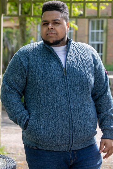 D555 ECCLES Cable Knitted Zip Through Sweater With Bonded Check Lining Denim Marl - Bluzy & bluzy z kapturem - Bluzy & Bluzy z kapturem 2XL-12XL