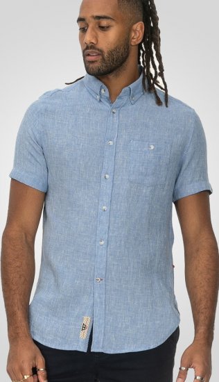 D555 Falmouth 1 Linen Mix Short Sleeve Shirt With Button Down Blue - Koszule - Koszule 2XL-10XL
