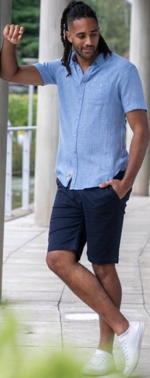 D555 Falmouth 1 Linen Mix Short Sleeve Shirt With Button Down Blue - Koszule - Koszule 2XL-10XL