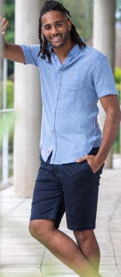 D555 Falmouth 1 Linen Mix Short Sleeve Shirt With Button Down Blue - Koszule - Koszule 2XL-10XL