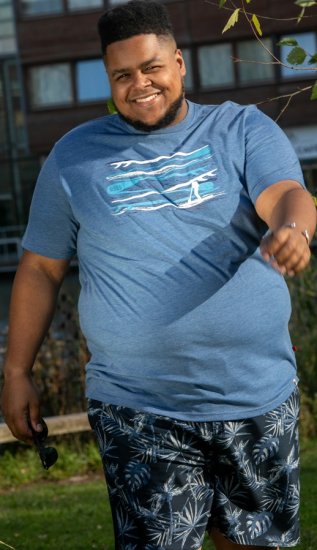 D555 Cardiff Surfer And Waves Printed Crew Neck T-shirt Denim Marl - Koszulki - T-shirty meskie Duże Rozmiary - 2XL-14XL