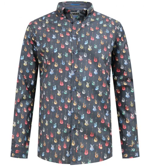 D555 Wakefield Long Sleeve AOP Guitar Printed Shirt Grey - Koszule - Koszule 2XL-10XL