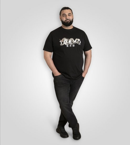 D555 Ginza Tokyo with Dragon Crew Neck T-shirt Black - Koszulki - T-shirty meskie Duże Rozmiary - 2XL-14XL