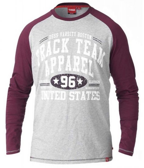 D555 KELTON Long Sleeve Raglan T-Shirt Grey/Burgundy - Koszulki - T-shirty meskie Duże Rozmiary - 2XL-14XL