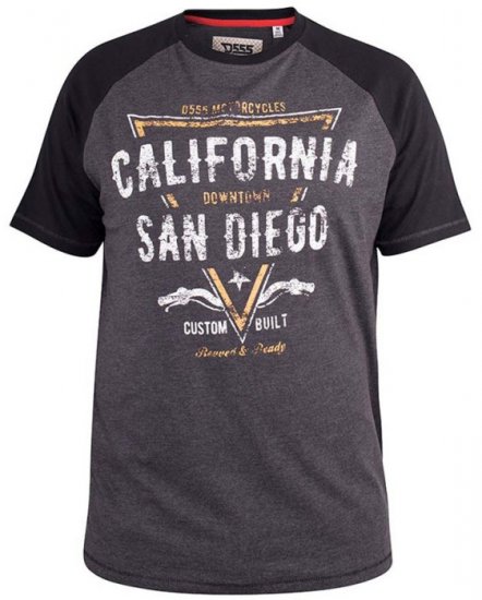 D555 Lismore Raglan Sleeve San Diego Printed T-Shirt Charcoal - Koszulki - T-shirty meskie Duże Rozmiary - 2XL-14XL