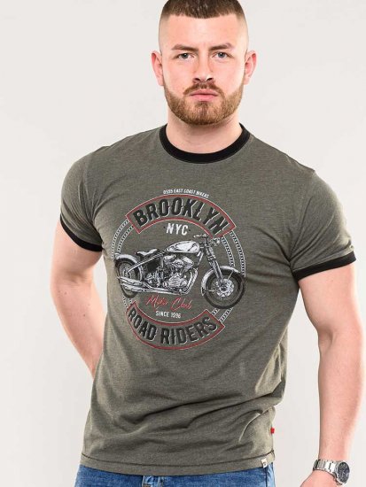D555 Hereford Brooklyn Motorbike Printed Ringer T-Shirt Khaki - Koszulki - T-shirty meskie Duże Rozmiary - 2XL-14XL