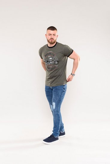 D555 Hereford Brooklyn Motorbike Printed Ringer T-Shirt Khaki - Koszulki - T-shirty meskie Duże Rozmiary - 2XL-14XL