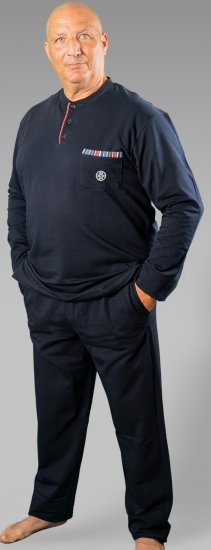 20 Nodi Long Pajamas in Stretch Fleece Cotton with Serafino Collar and Jacket with Pocket and Side Slits Navy - Piżamy/Odzież domowa - Piżamy/Odzież domowa 2XL-10XL