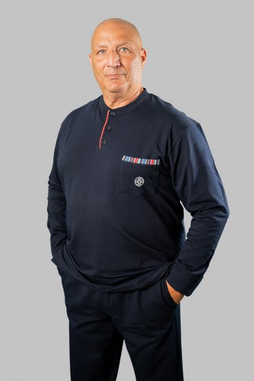 20 Nodi Long Pajamas in Stretch Fleece Cotton with Serafino Collar and Jacket with Pocket and Side Slits Navy - Piżamy/Odzież domowa - Piżamy/Odzież domowa 2XL-10XL