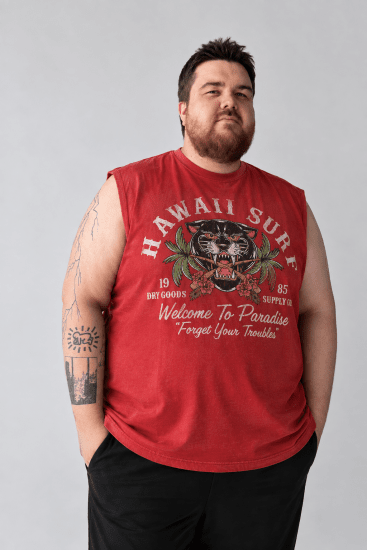 Kam Jeans 5763 Hawaii Surf Vest Sleeveless T-Shirt Washed Red - Koszulki - T-shirty meskie Duże Rozmiary - 2XL-14XL