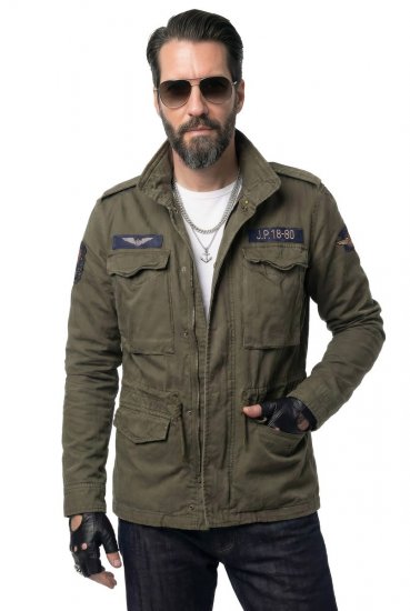 JP1880 Field Jacket with Badges Vintage Look TALL Moss Green - TALL kurtki - Kurtki TALL dla wysokich mężczyzn