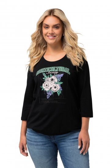 Ulla Popken Horticultural Graphic Floral Tee Black - Koszulki z nadrukiem dla kobiet - 