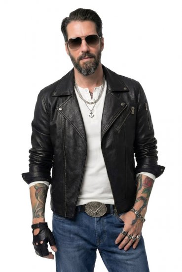 JP1880 830586 Kurtka biker z nappy jagnięcej Czarna - Kurtki Męskie Duże Rozmiary - Kurtki Duże rozmiary 2XL-8XL