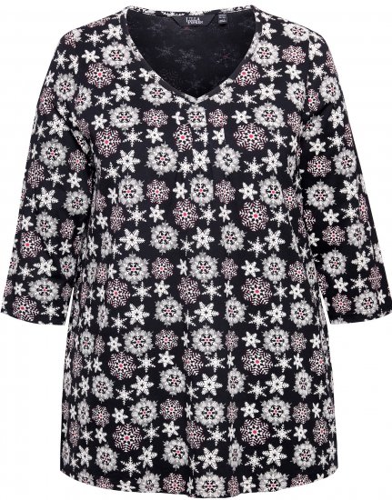 Ulla Popken Snowflake Print 3/4 Sleeve A-Line Tee Black - Koszulki z nadrukiem dla kobiet - 