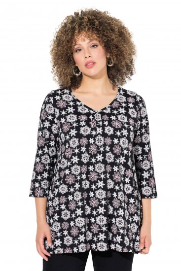 Ulla Popken Snowflake Print 3/4 Sleeve A-Line Tee Black - Koszulki z nadrukiem dla kobiet - 