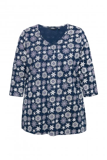 Ulla Popken Snowflake Print 3/4 Sleeve A-Line Tee Navy - Koszulki z nadrukiem dla kobiet - 
