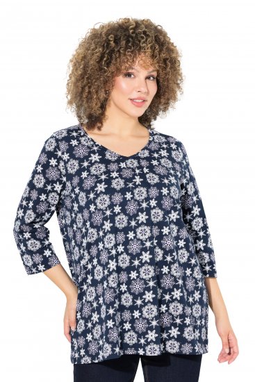 Ulla Popken Snowflake Print 3/4 Sleeve A-Line Tee Navy - Koszulki z nadrukiem dla kobiet - 