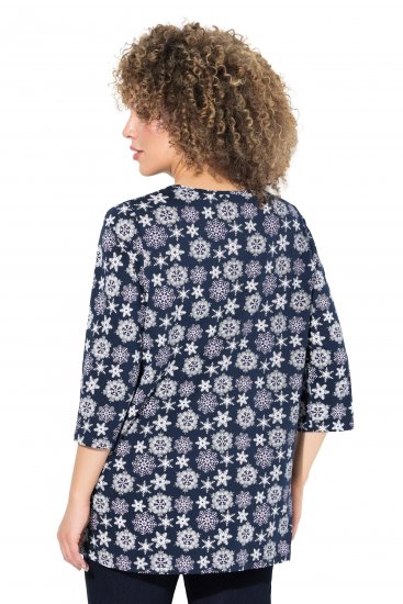 Ulla Popken Snowflake Print 3/4 Sleeve A-Line Tee Navy - Koszulki z nadrukiem dla kobiet - 