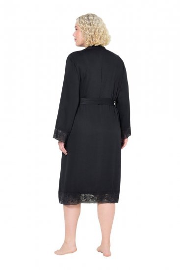 Ulla Popken 834837 Szlafrok kimono z koronką Czarna - Szlafroki - 