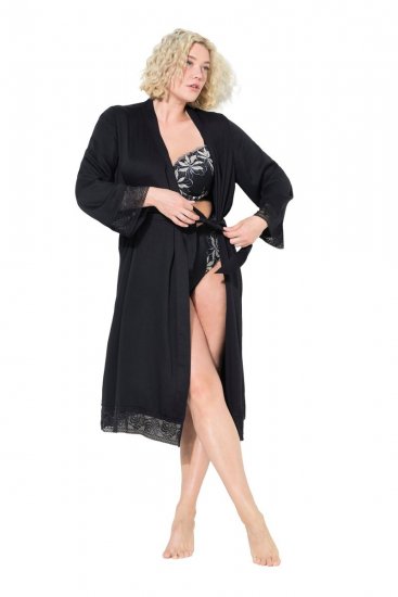 Ulla Popken 834837 Szlafrok kimono z koronką Czarna - Szlafroki - 