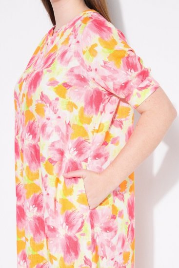 Ulla Popken 836739 Sukienka z domieszką lnu w kwiaty Biały - Sukienki letnie - Letnie sukienki plus size