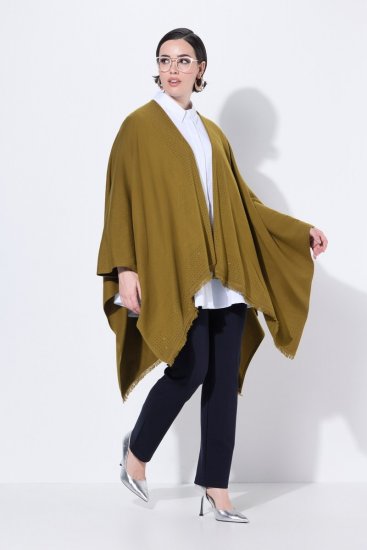 Ulla Popken 841117 Dzianinowe ponczo oversize z kryształkami Oliwkowa - Ponczo i peleryny - 