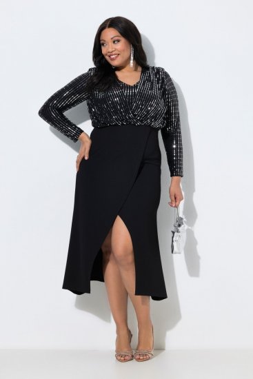 Ulla Popken 845151 Sukienka w paski z dekoltem w szpic Czarna - Sukienki wieczorowe - Wieczorowe sukienki plus size