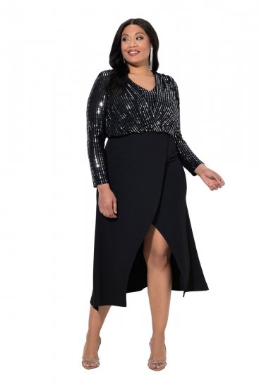 Ulla Popken 845151 Sukienka w paski z dekoltem w szpic Czarna - Sukienki wieczorowe - Wieczorowe sukienki plus size