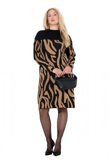 Ulla Popken 845378 Dzianinowa sukienka w zwierzęcy wzór Beżowa - Sukienki wieczorowe - Wieczorowe sukienki plus size