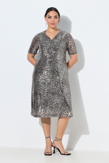 Ulla Popken 848137 Sukienka z cekinami w zwierzęcy wzór Beżowa - Sukienki wieczorowe - Wieczorowe sukienki plus size