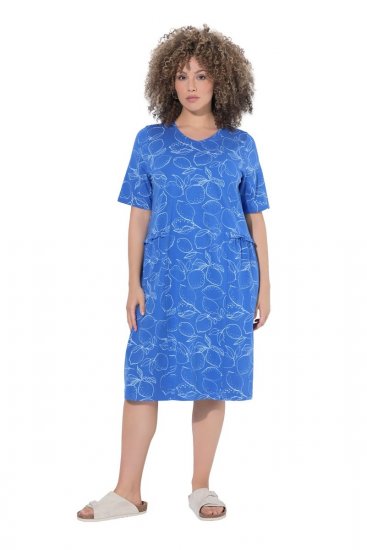 Ulla Popken 850204 Wzorzysta sukienka T-shirtowa z falbanami Niebieska - Sukienki z dżerseju - 