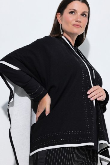 Ulla Popken 851127 Otwarte ponczo z dzianiny z lamówką z kryształków Czarna - Ponczo i peleryny - 