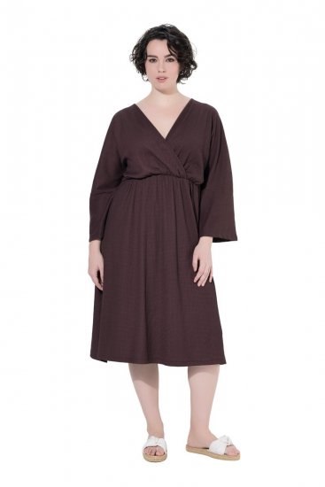 Ulla Popken 852307 Sukienka kopertowa z długim rękawem Mahoniowa - Sukienki midi - Sukienki midi w dużych rozmiarach