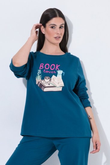 Ulla Popken 852710 Bluza domowa z długim rękawem Petrolowa - Piżamy/Odzież domowa - 