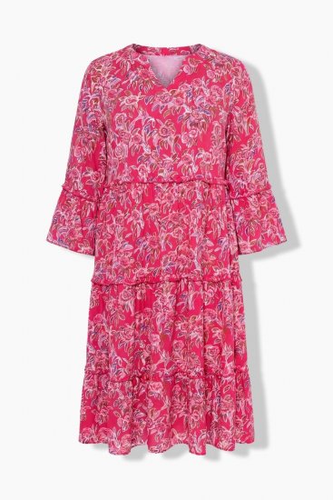 Ulla Popken 852841 Sukienka w kwiaty z falbanami Magenta - Sukienki midi - Sukienki midi w dużych rozmiarach