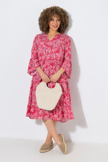 Ulla Popken 852841 Sukienka w kwiaty z falbanami Magenta - Sukienki midi - Sukienki midi w dużych rozmiarach