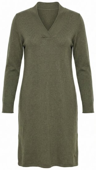 Ulla Popken 853077 Dzianinowa sukienka z długim rękawem i dekoltem w szpic Khaki - Sukienki dzianinowe - 