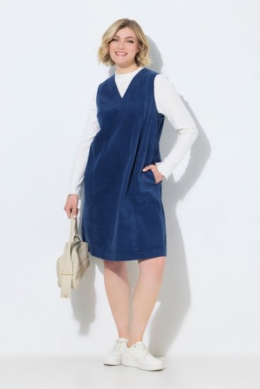 Ulla Popken 853697 Sztruksowa sukienka bez rękawów z dekoltem w szpic Granatowa - Sukienki letnie - Letnie sukienki plus size