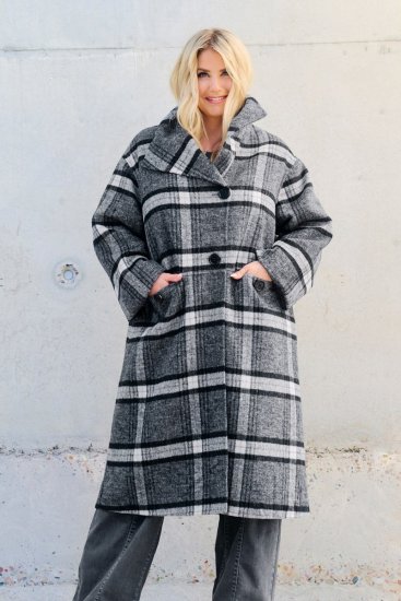 Ulla Popken 855250 Asymetryczny wełniany płaszcz z szerokim kołnierzem Szara melanż - Płaszcze - Płaszcze damskie w dużych rozmiarach